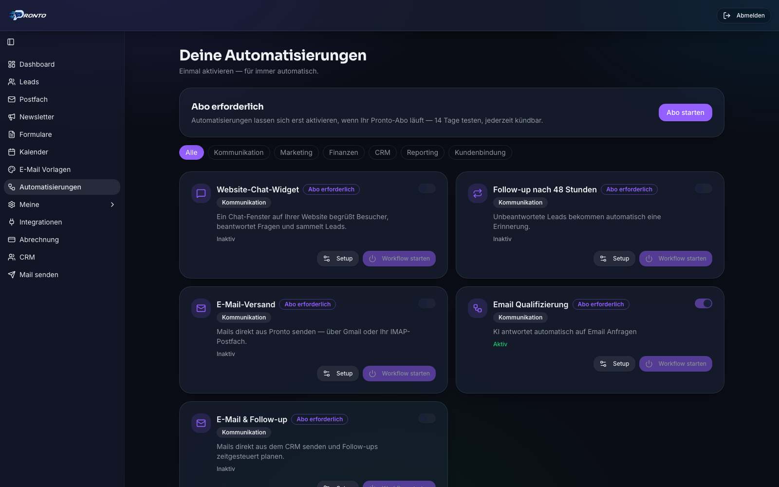 Pronto Automatisierungs-Katalog mit aktivierbaren Workflows