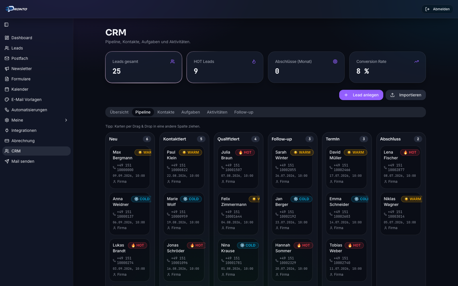 Pronto CRM-Pipeline mit Leads in verschiedenen Status